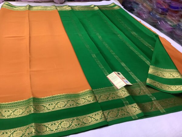 Pure Crepe Plain Mysore Silk Sarees In Orange With Green