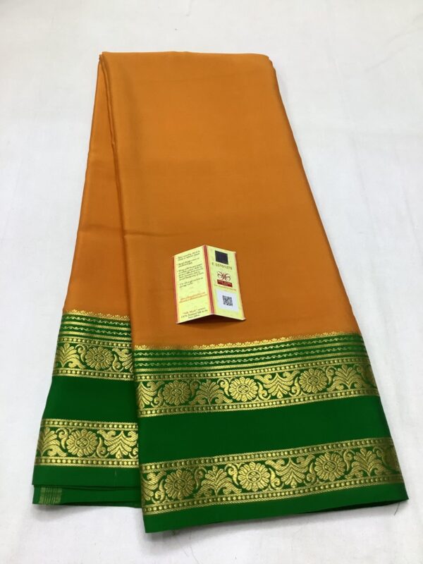 Pure Crepe Plain Mysore Silk Sarees In Orange With Green