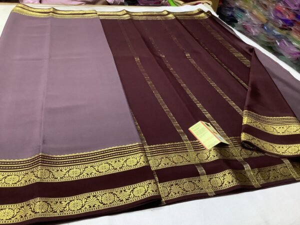 Pure Crepe Plain Mysore Silk Sarees In Light Brinjal With Coffe Brown