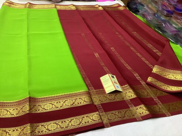 Pure Crepe Plain Mysore Silk Sarees In Parrot Green With Maroon Red
