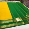 Pure Crepe Plain Mysore Silk Sarees In Mango Yellow With Green