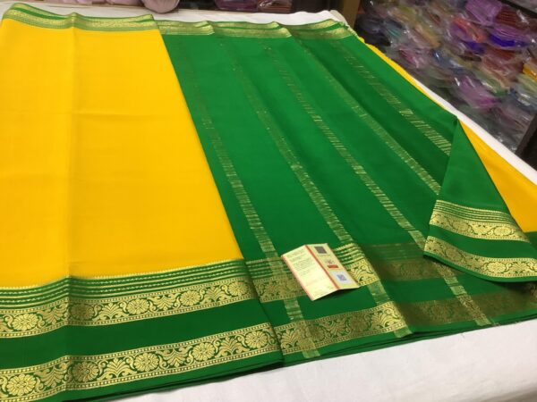 Pure Crepe Plain Mysore Silk Sarees In Mango Yellow With Green