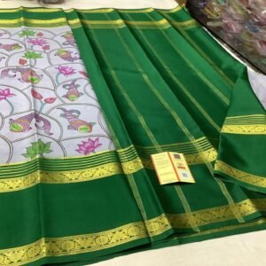 Pure Crepe Mysore Silk Sarees In Light Sky Blue With Green