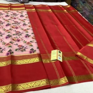 Pure Crepe Mysore Silk Sarees In Baby Pink With Red