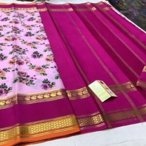 Pure Crepe Mysore Silk Sarees In Lavender With Dark Pink