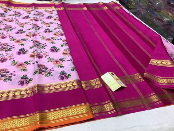 Pure Crepe Mysore Silk Sarees In Lavender With Dark Pink