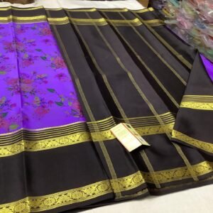 Pure Crepe Mysore Silk Sarees In Dark Lavender With Black