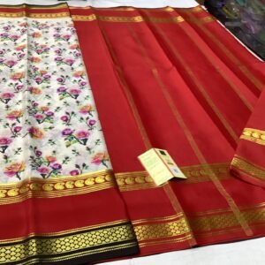 Pure Crepe Mysore Silk Sarees In Cream With Red