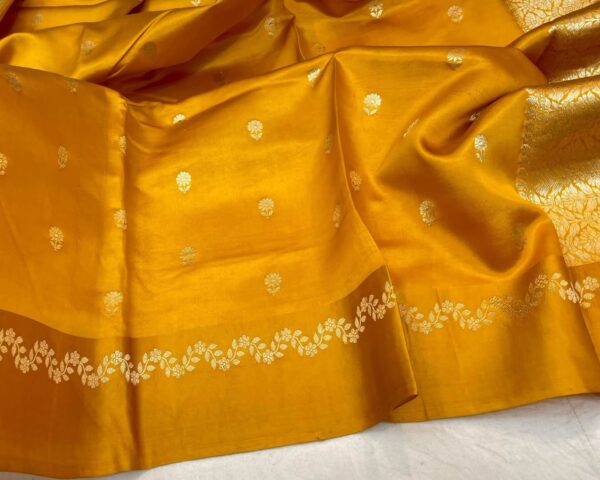 Beautiful Pure Banarasi Mango silk sarees In Mango Yellow With Coffee Brown