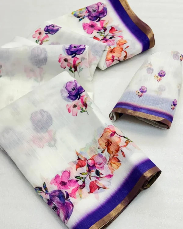White chanderi cotton silk saree digital print zari border