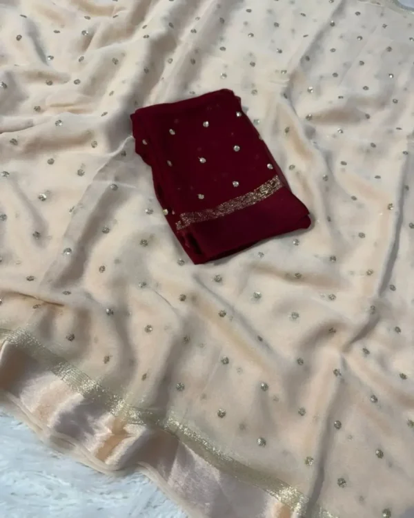 Visocse Georgette Silk Saree Sequin Work sattin Border In Cream With Violet