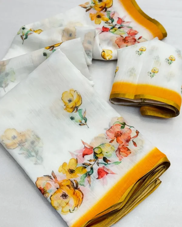 Best White chanderi cotton silk saree digital print zari border