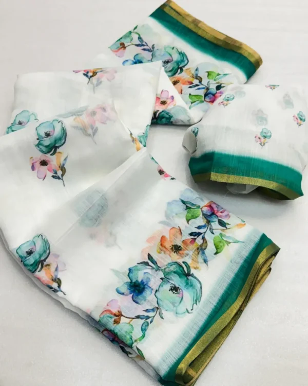 Best White chanderi cotton silk saree digital print zari border In green