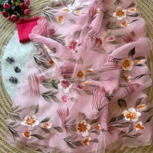 Best Organza Hand Painted Saree In Pink