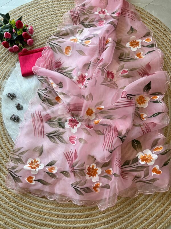 Best Organza Hand Painted Saree In Pink
