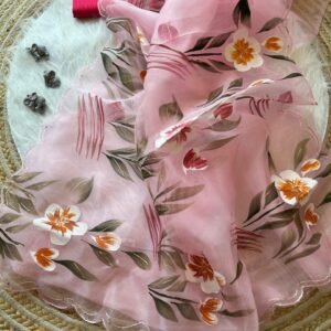 Best Organza Hand Painted Saree In Pink