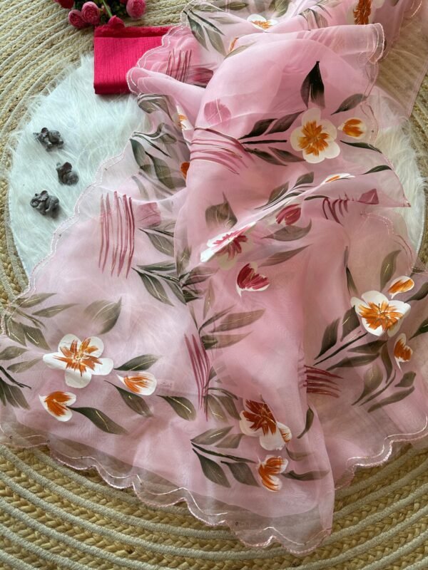 Best Organza Hand Painted Saree In Pink