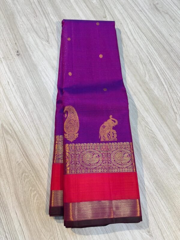 Beautiful Kanchipuram Silk Saree In Purple With Orange