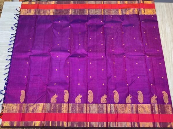 Beautiful Kanchipuram Silk Saree In Purple With Orange