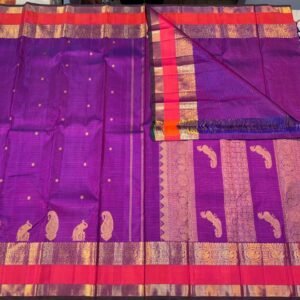 Beautiful Kanchipuram Silk Saree In Purple With Orange