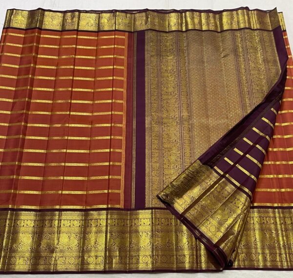 Designer Kanjivaram Silk Saree In Rust Oramge With Coffee Brown