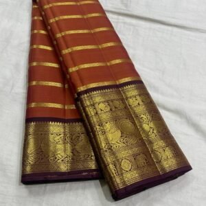 Designer Kanjivaram Silk Saree In Rust Oramge With Coffee Brown