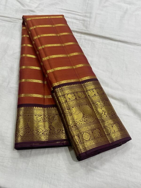 Designer Kanjivaram Silk Saree In Rust Oramge With Coffee Brown