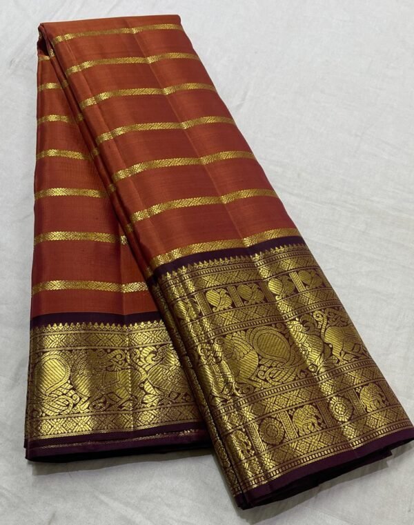 Designer Kanjivaram Silk Saree In Rust Oramge With Coffee Brown