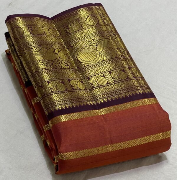 Designer Kanjivaram Silk Saree In Rust Oramge With Coffee Brown