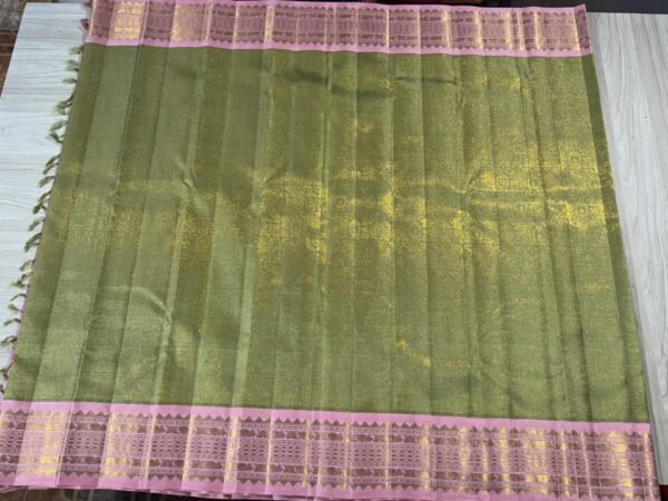Kanchipuram Silk Saree In Olive Green With Pink