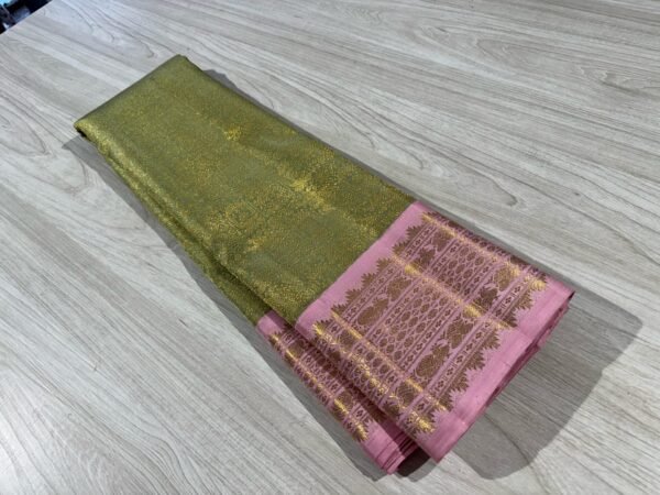 Kanchipuram Silk Saree In Olive Green With Pink