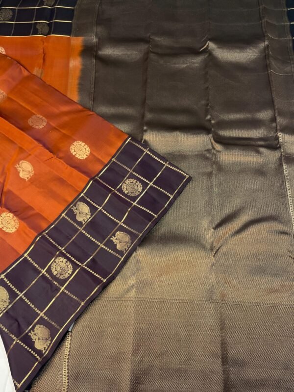 Kanchipuram Silk saree In Rust Orange With Coffee Brown