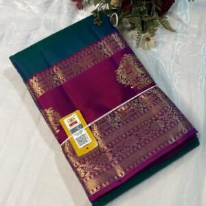 Kanchipuram Silk saree In Peacock Blue With Rani Pink