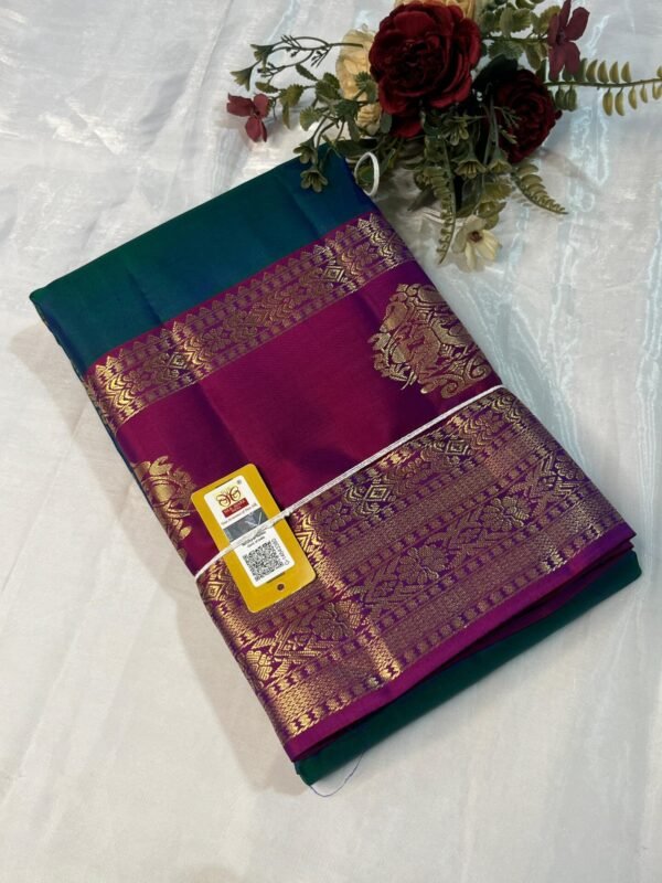 Kanchipuram Silk saree In Peacock Blue With Rani Pink