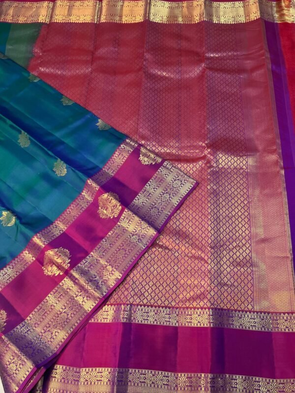 Kanchipuram Silk saree In Peacock Blue With Rani Pink