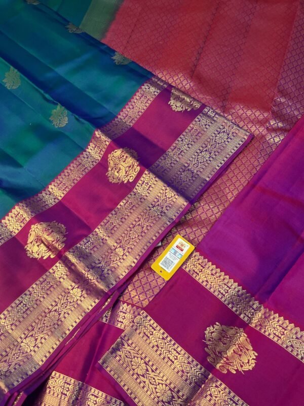 Kanchipuram Silk saree In Peacock Blue With Rani Pink