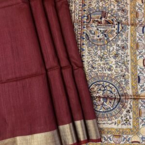 Beautiful Khadi Raw Silk Saree Kalamkari Pallu In Maroon