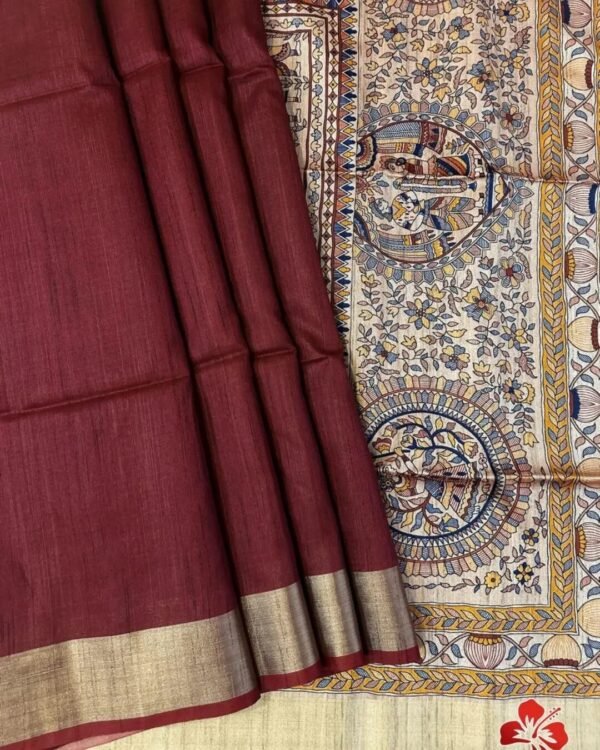Beautiful Khadi Raw Silk Saree Kalamkari Pallu In Maroon