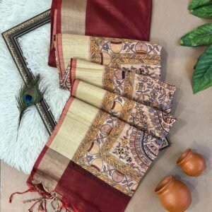 Beautiful Khadi Raw Silk Saree Kalamkari Pallu In Maroon