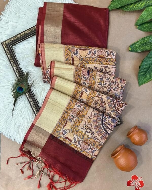 Beautiful Khadi Raw Silk Saree Kalamkari Pallu In Maroon
