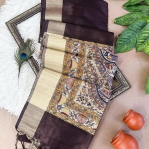 Beautiful Khadi Raw Silk Saree Kalamkari Pallu In Black