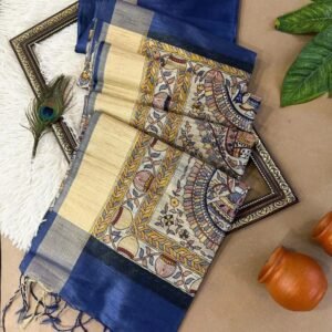 Beautiful Khadi Raw Silk Saree Kalamkari Pallu In Peacock Blue