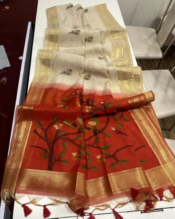 Beautiful munga silk saree In Cream With Red