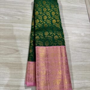 Kanchipuram Silk Saree In Dark Green With Pastel Pink