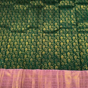 Kanchipuram Silk Saree In Dark Green With Pastel Pink