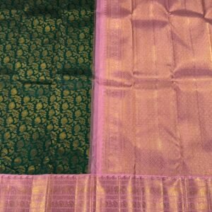 Kanchipuram Silk Saree In Dark Green With Pastel Pink