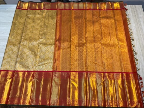 Beautiful Kanchipuram Silk Saree In Gold With Red