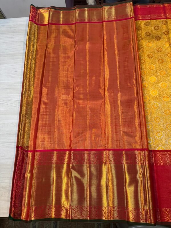 Beautiful Kanchipuram Silk Saree In Gold With Red