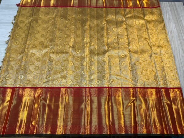Beautiful Kanchipuram Silk Saree In Gold With Red