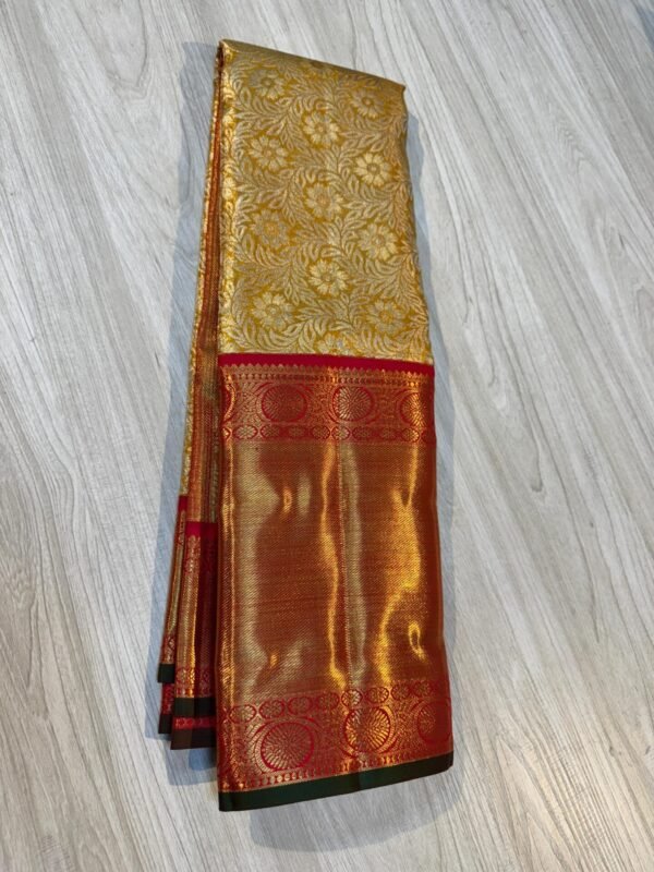 Beautiful Kanchipuram Silk Saree In Gold With Red